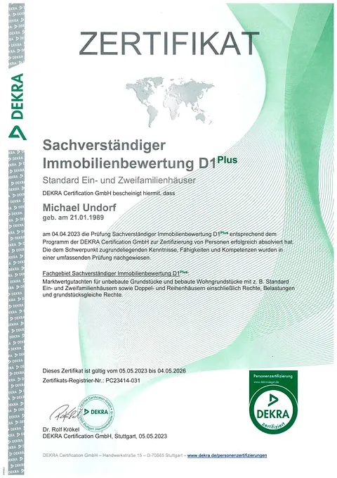 Undorf Wohnungsbau und Immobilienbewertung e.K. Zertifkat DEKRA