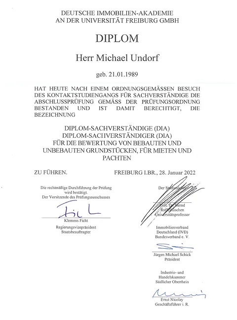 Undorf Wohnungsbau und Immobilienbewertung e.K. Zertifkat DIPLOM