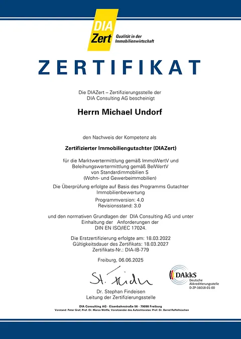 Undorf Wohnungsbau und Immobilienbewertung e.K. Zertifkat DIAZERT